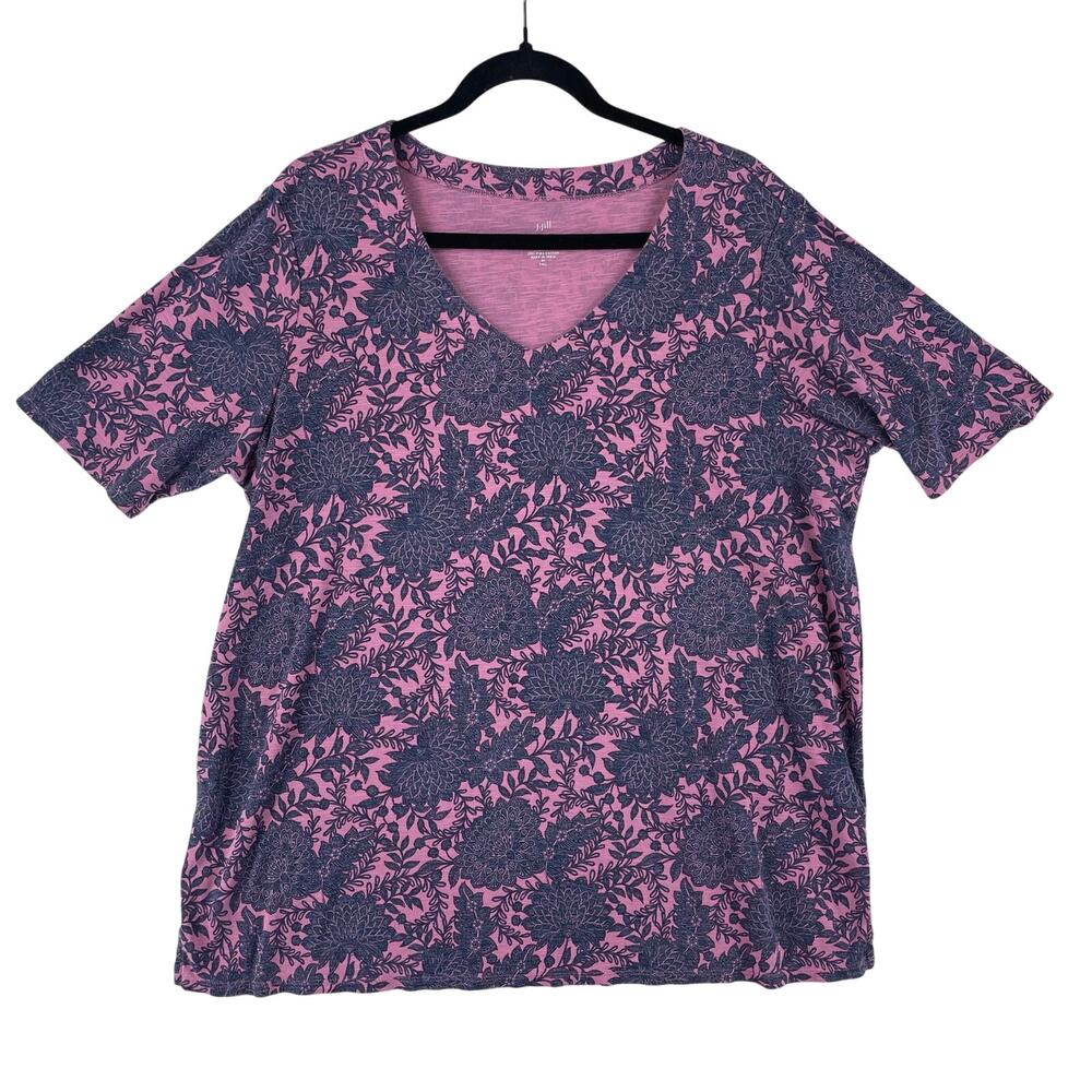 J.Jill Womens Pima-Slub Elbow-Sleeve Tee XL Tall Pink Navy Floral V-Neck